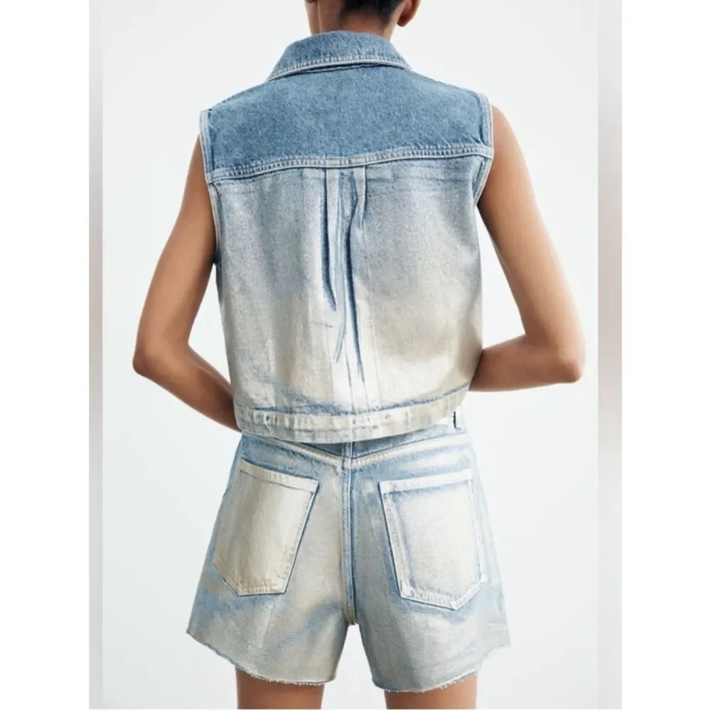 ZARA high-waist foil waxed denim shorts Size 6 NWOT